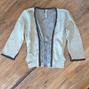 Free People Half Zipped Cotton Knit Beaded Cropped Cardigan